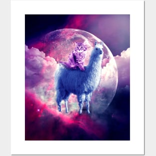 Outer Space Galaxy Kitty Cat Riding On Llama Posters and Art